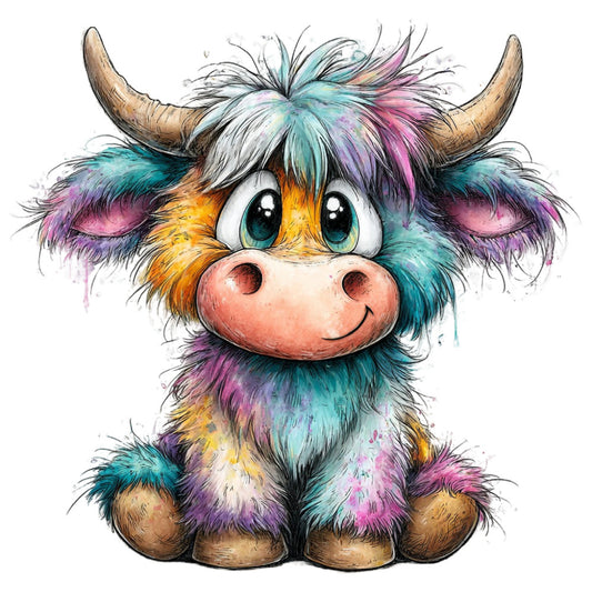 colorful, multicolor, rainbow, turquoise, teal, pink, magenta, purple, yellow, gold, orange, white, cream, brown, tan, cute animals, highland cattle, bull, whimsical, playful, fantasy, modern, contemporary, child-friendly, kids, nursery, baby, animal portrait, character design, illustration style