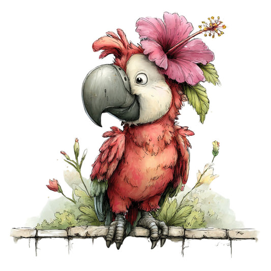 parrot, tropical birds, coral pink, dusty rose, red, cream, sage green, olive green, whimsical, children's illustration, floral, hibiscus flowers, nature, animals, botanical, adorable, storybook, illustrated, cute, decorative panel, wall hanging, nursery, spring, summer, playful, folk art style, garden theme, feathered friends, colorful birds