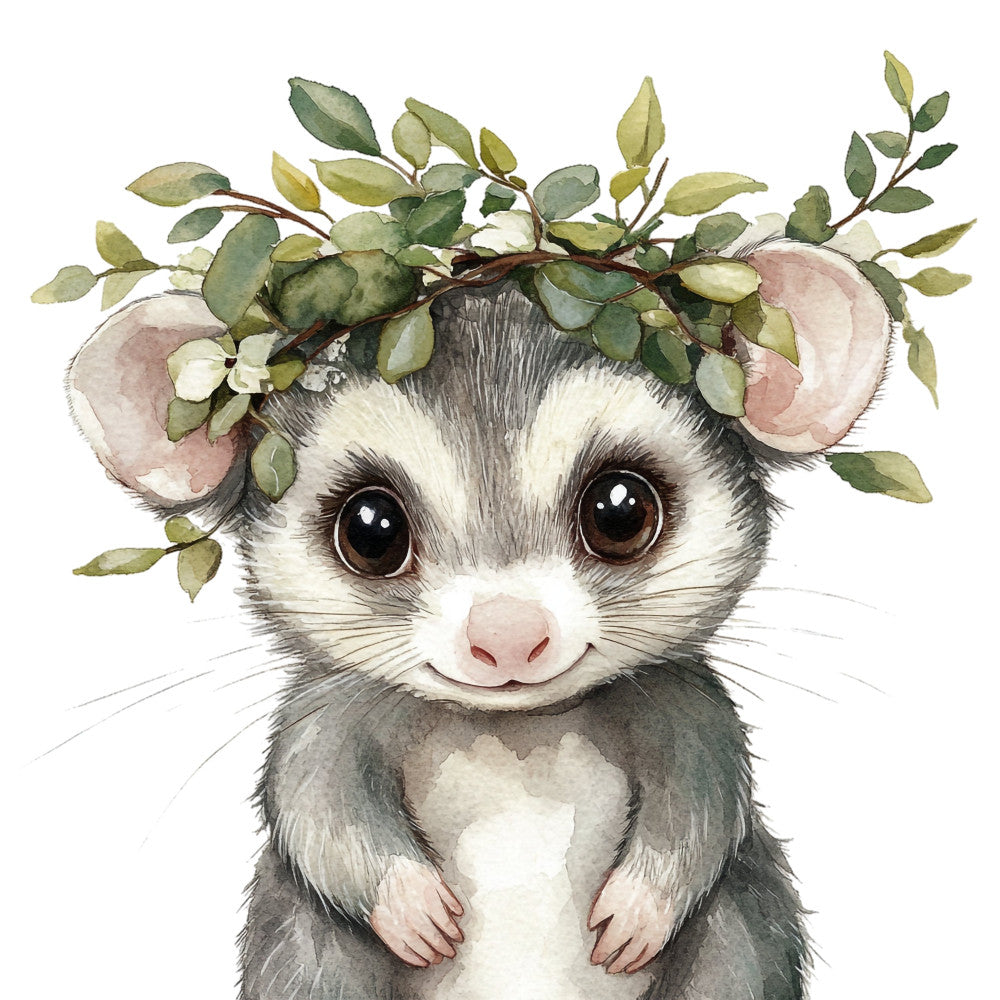 cute animal, possum, woodland creature, whimsical, sage green, dusty rose, blush pink, soft gray, white, floral wreath, eucalyptus leaves, nature themed, gentle eyes, sweet expression, baby nursery, children's design, spring, garden themed, botanical elements, soft watercolor style, delicate, adorable, forest animal, australian wildlife, nature lover, decorative panel, wall hanging, baby quilt
