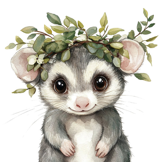 cute animal, possum, woodland creature, whimsical, sage green, dusty rose, blush pink, soft gray, white, floral wreath, eucalyptus leaves, nature themed, gentle eyes, sweet expression, baby nursery, children's design, spring, garden themed, botanical elements, soft watercolor style, delicate, adorable, forest animal, australian wildlife, nature lover, decorative panel, wall hanging, baby quilt