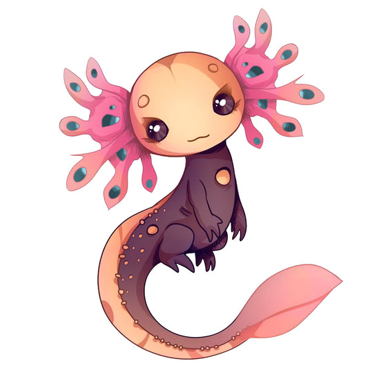 pink, coral, purple, cream, peach, axolotl, salamander, cartoon character, kawaii style, cute animal, aquatic creature, gills, tail, fabric panel, quilting cotton, whimsical design, pastel colors, adorable expression, anime inspired, children's fabric