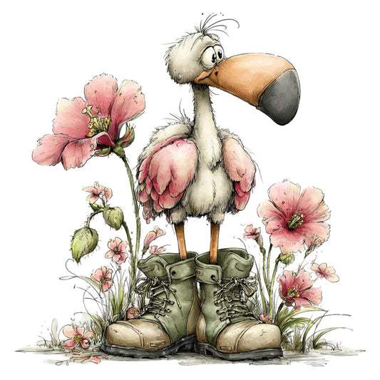 whimsical, ostrich, birds, pink flowers, dusty rose, cream, tan, sage green, botanical, nature, animals, farmhouse, rustic, vintage, spring, garden, floral, boots, cottage core, charming, children's, storybook, illustrative, watercolor style, quirky, playful, humorous, folk art, pastoral