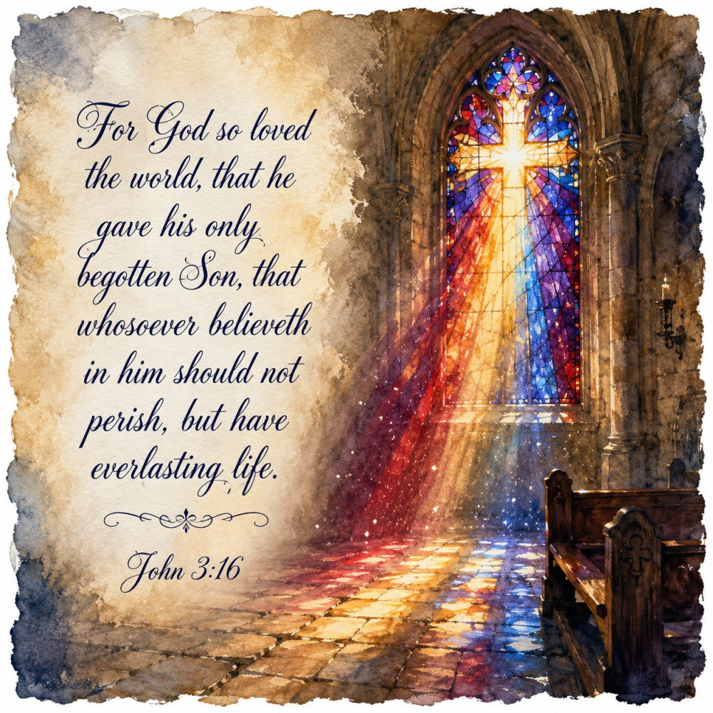 religious, faith, spiritual, stained glass, church, cross, light, scripture, john 3:16, bible verse, christian, inspirational, vintage, elegant, traditional, gold, blue, red, warm tones, multicolor, gothic architecture, cathedral, divine light, heavenly, soul-stirring, devotional, wall hanging, home decor, spiritual gifts