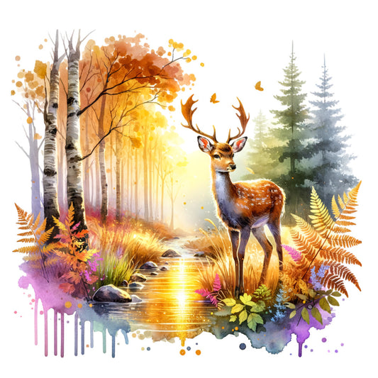 autumn forest, deer, birch trees, watercolor, gold, orange, yellow, purple, magenta, evergreen, ferns, woodland, nature, animals, fall foliage, whimsical, artistic, abstract watercolor, stream, forest animals, golden light, leaves, rustic, bohemian, wall art, home decor, nature lovers, seasonal, autumn colors, enchanted forest