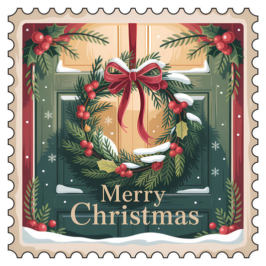 Vintage Christmas Stamps Fabric Panel 34 featuring a festive wreath with red berries and bow on a green door with snow accents.