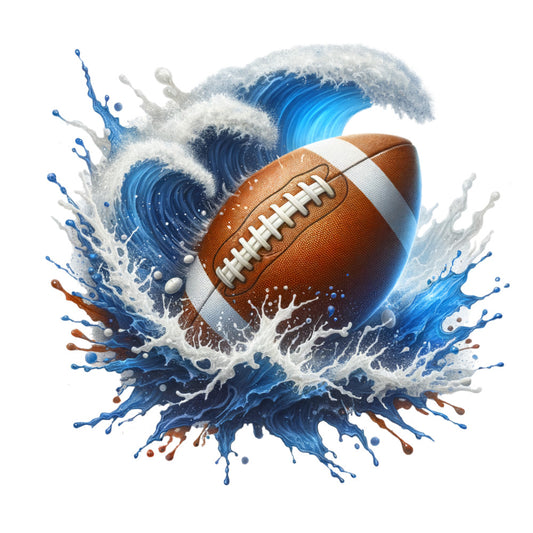 watercolor football, splash design, blue waves, brown leather, white laces, sports theme, dynamic movement, water splashes, athletic design, fabric panel, quilting cotton, boys room, team colors, action scene, football equipment, energetic style, athletic motif, sports fabric, masculine design, game day theme