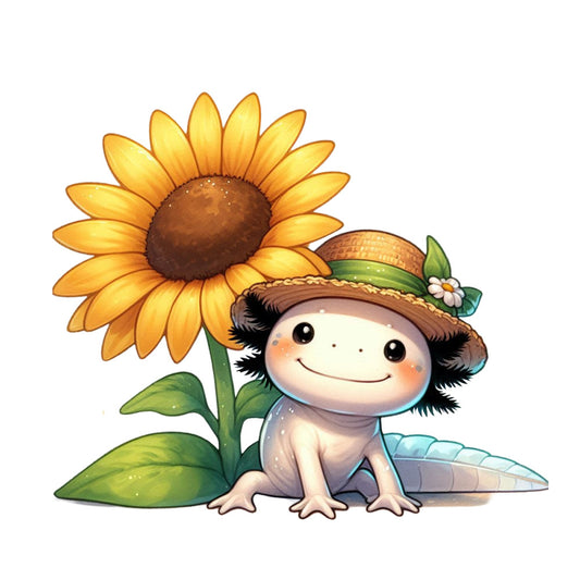 cute axolotl, cartoon character, sunflower, yellow petals, brown center, green leaves, straw hat, pink blush, kawaii style, nature theme, spring motif, fabric panel, quilting cotton, adorable amphibian, golden yellow, sage green, peachy pink, whimsical illustration, children's fabric, craft panel