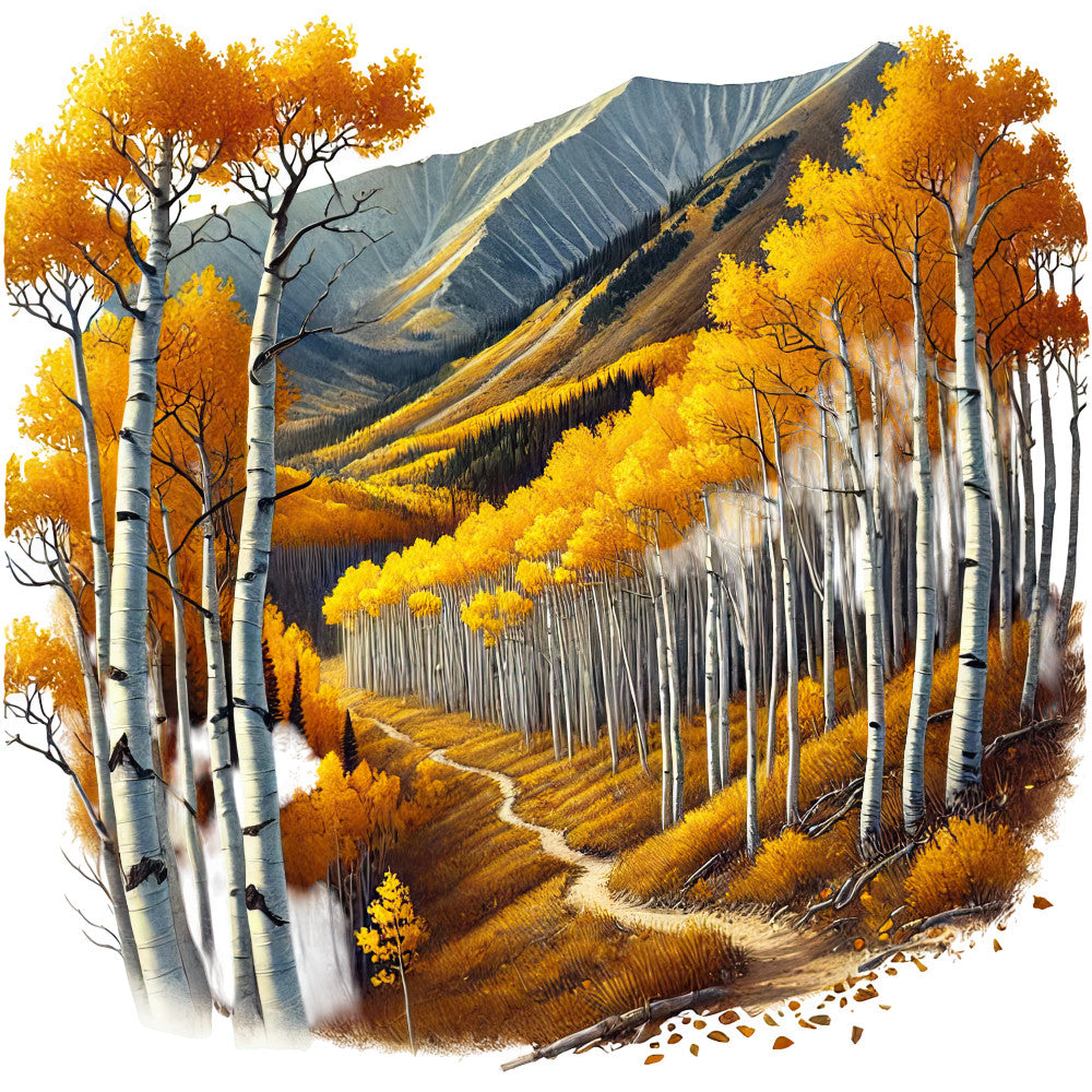 autumn landscape, golden yellow, orange foliage, white birch trees, mountain scenery, aspen grove, winding path, fabric panel, quilting cotton, fall colors, rocky mountains, nature scene, forest trail, golden leaves, artistic illustration, seasonal design, landscape art, mountain valley, birch bark, autumn woods