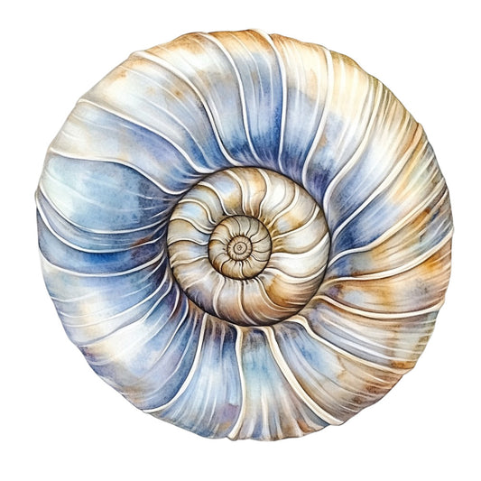 Watercolor Sea Shells Fabric Panel 13 features a detailed watercolor painting of a blue and beige spiral sea shell on premium cotton.