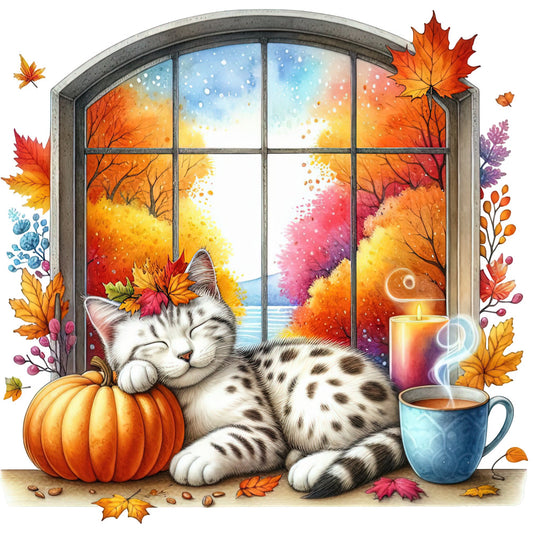 autumn cat, fall foliage, cozy season, warm colors, orange, golden yellow, deep red, burgundy, coral pink, lavender purple, blue sky, watercolor style, whimsical animals, cat illustration, tabby cat, pumpkin, autumn leaves, maple leaves, fall harvest, seasonal decor, cozy aesthetic, warm autumn, cottage core, rustic charm, candle, hot beverage, window scene, nature inspired, artistic style, autumn theme