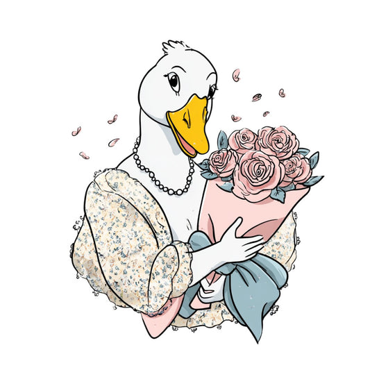 duck, animal, whimsical, floral, roses, pink roses, dusty rose, cream, yellow, gold, blue, pearl necklace, elegant, vintage, charming, feminine, nature, spring, garden, botanical, illustration, children's, playful, cute, storybook, cottage core, classic, timeless, romantic