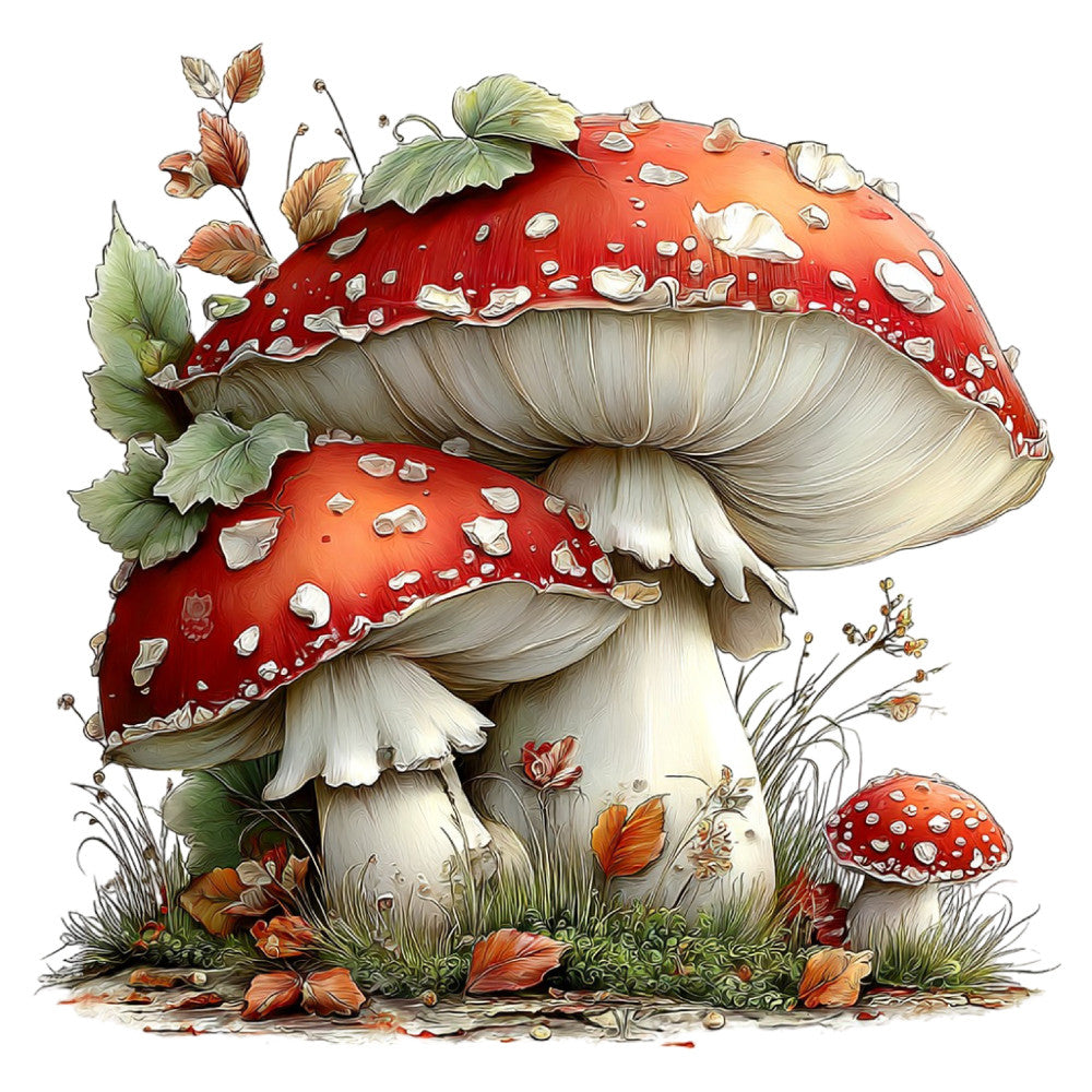 red mushroom, cream white, forest green, rust orange, whimsical, nature, botanical, autumn, fall, mushroom, toadstool, fairy tale, woodland, cottage core, vintage botanical, floral, leaves, grass, wildflowers, rustic, storybook, enchanted forest, detailed illustration, natural elements, seasonal, earthy tones, wall hanging, decorative panel