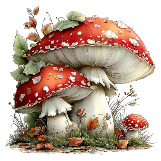 red mushroom, cream white, forest green, rust orange, whimsical, nature, botanical, autumn, fall, mushroom, toadstool, fairy tale, woodland, cottage core, vintage botanical, floral, leaves, grass, wildflowers, rustic, storybook, enchanted forest, detailed illustration, natural elements, seasonal, earthy tones, wall hanging, decorative panel