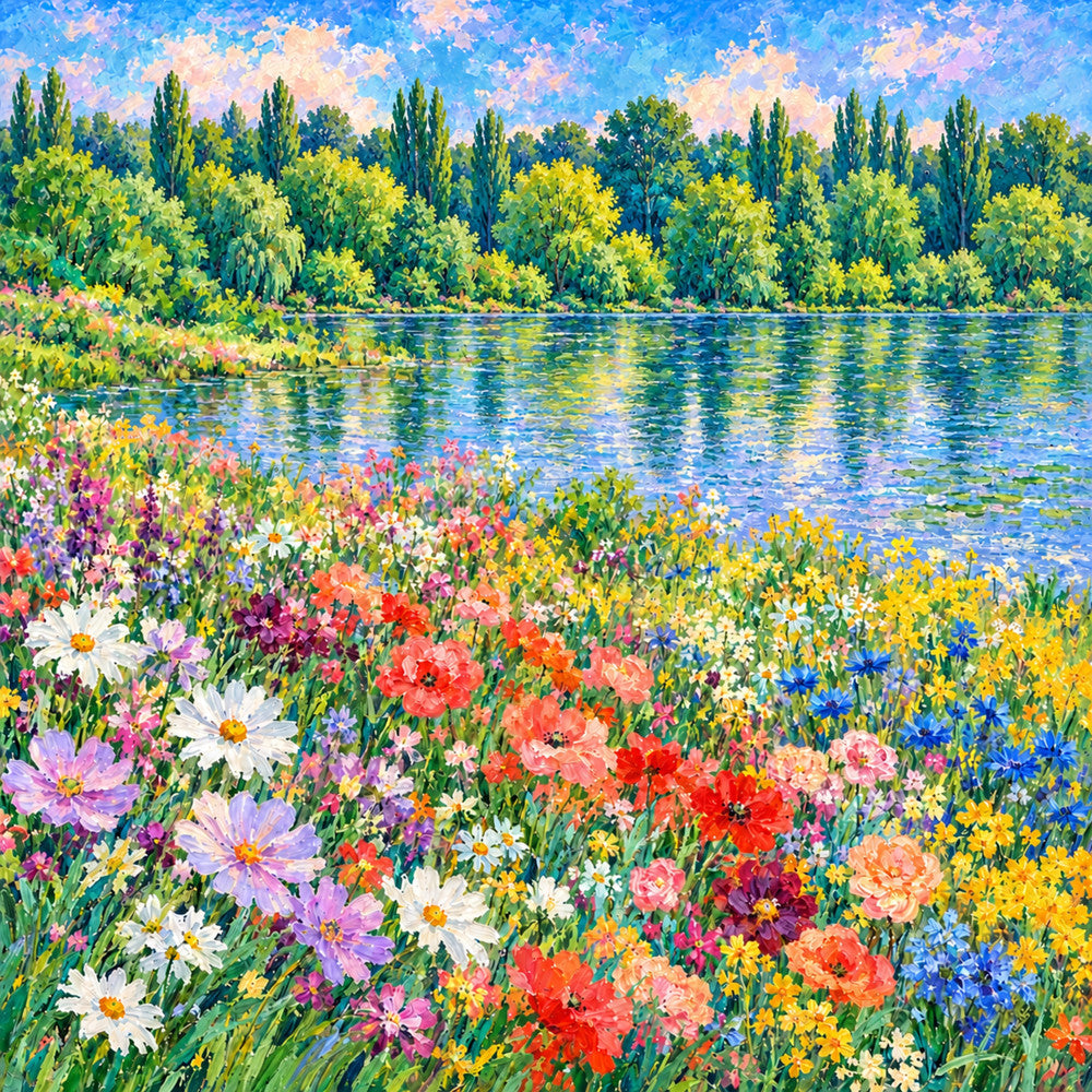 wildflower meadow, poppy flowers, daisy, water landscape, riverside, impressionist, spring, summer, colorful floral, multi-color, sky blue, pale pink, coral red, golden yellow, forest green, sage green, white flowers, purple flowers, nature scene, garden, pastoral, peaceful, bright and cheerful, botanical, landscape with water, poppies and daisies, impressionism style, vibrant colors, wall hanging, decorative panel
