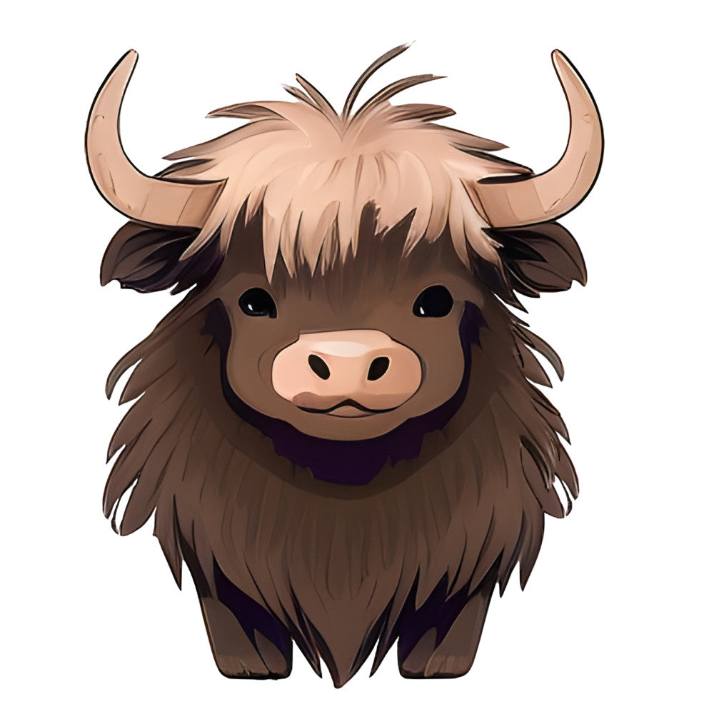 highland cattle, highland cow, yak, brown, tan, cream, cute animals, whimsical, farmhouse, rustic, animal face, long horns, shaggy hair, children's, kids, baby, folk art, playful, cottage core, farm animals, livestock, domestic animals, illustration style, cartoon, chibi, chunky knit style, cozy, charming, folk style, bovine