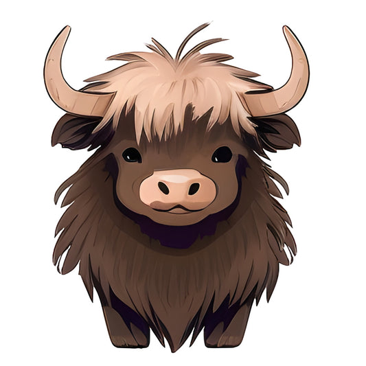 highland cattle, highland cow, yak, brown, tan, cream, cute animals, whimsical, farmhouse, rustic, animal face, long horns, shaggy hair, children's, kids, baby, folk art, playful, cottage core, farm animals, livestock, domestic animals, illustration style, cartoon, chibi, chunky knit style, cozy, charming, folk style, bovine