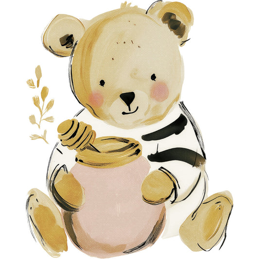 cute bear, teddy bear, animal, whimsical, children, baby, cream, pale yellow, soft gold, blush pink, black accents, illustration, watercolor, hand-painted, sweet, gentle, nursery, baby quilt, crib bedding, adorable, honey themed, nature inspired, woodland, soft style, child-friendly, playful, decorative panel, storybook