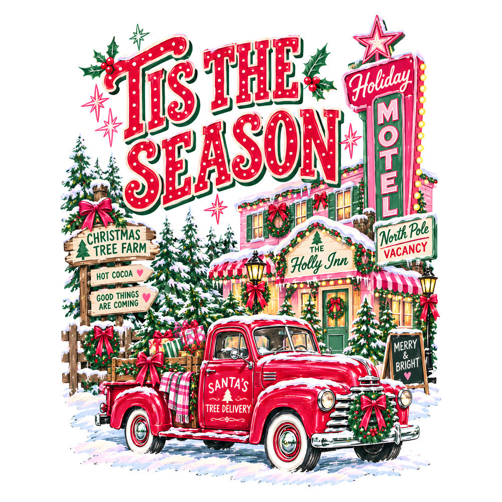christmas, holiday, vintage, retro, nostalgic, red, forest green, pink, gold, cream, white, truck, santa's tree delivery, holly inn, motel, mid-century, whimsical, festive, winter scene, snow, trees, stars, bows, ribbons, wreath, classic americana, retro holiday, seasonal, christmas decoration, winter themed