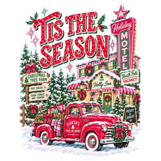 christmas, holiday, vintage, retro, nostalgic, red, forest green, pink, gold, cream, white, truck, santa's tree delivery, holly inn, motel, mid-century, whimsical, festive, winter scene, snow, trees, stars, bows, ribbons, wreath, classic americana, retro holiday, seasonal, christmas decoration, winter themed