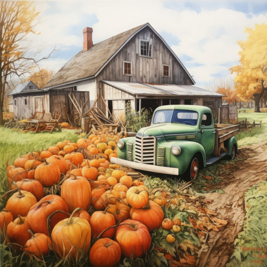 autumn harvest, fall pumpkins, vintage truck, farmhouse, rustic, pumpkin patch, orange, cream, forest green, golden yellow, sage green, barn, agricultural, countryside, harvest season, vintage vehicle, classic truck, folk art, americana, traditional, nostalgic, thanksgiving, fall themed, rural landscape, homestead, seasonal, warm tones, retro style, country living