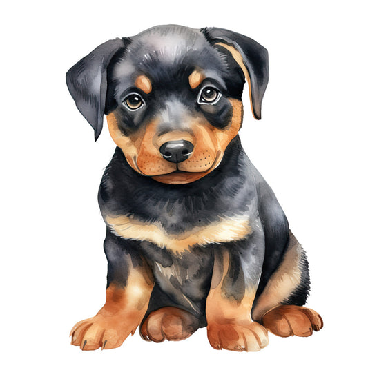 Watercolor Rottweiler Fabric Panel 17 featuring a detailed hand-painted puppy on premium quilting cotton fabric.