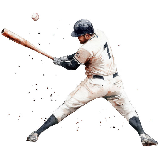 baseball, sports, athletic, player, batter, vintage baseball, americana, cream, beige, tan, navy blue, black, brown, watercolor, splatter, action, masculine, sports themed, baseball uniform, number 7, men's interests, casual, dynamic, home run, diamond sports, traditional, classic, americana sports, all-star, dugout
