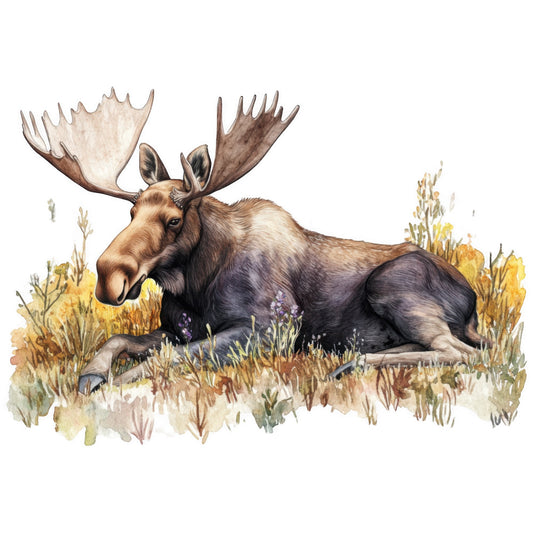 moose, wildlife, nature scene, autumn colors, brown tones, beige, golden yellow, watercolor style, fabric panel, quilting cotton, antlers, resting moose, grass, wildflowers, peaceful mood, earth tones, animal portrait, rustic, outdoor scene, natural habitat