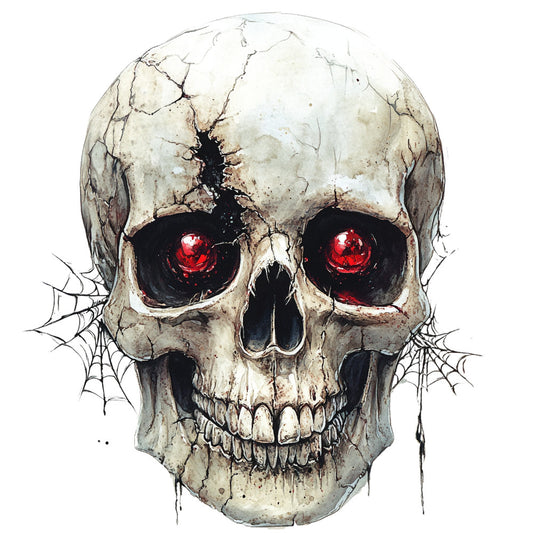 skull, red eyes, halloween, gothic, dark, spooky, bone white, cream, black, spider web, goth, horror, macabre, creepy, festive, seasonal, dark themed, skeleton, mystical, eerie, autumn, october, scary, evil, supernatural, death, wall art, home decor, dramatic, edgy