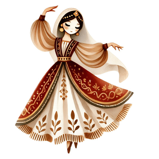 warm earth tones, rust red, cream, tan, gold, traditional, ethnic, cultural, folk art, vintage, bohemian, dancer, woman, figure, ornamental, decorative, embellished, detailed, elegant, whimsical, illustration, artistic, ornate patterns, leaf motifs, botanical elements, jewel tones, warm palette, timeless, classic, crafted