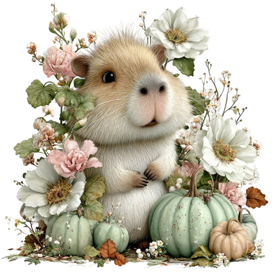 guinea pig, cream, white, sage green, dusty rose, pink, floral, botanical, animals, nature, whimsical, cute, woodland, vintage, garden, pumpkins, gourds, daisies, roses, baby animals, autumn, fall, spring, cottage core, farmhouse, gentle, soft, pastoral, children's, nursery