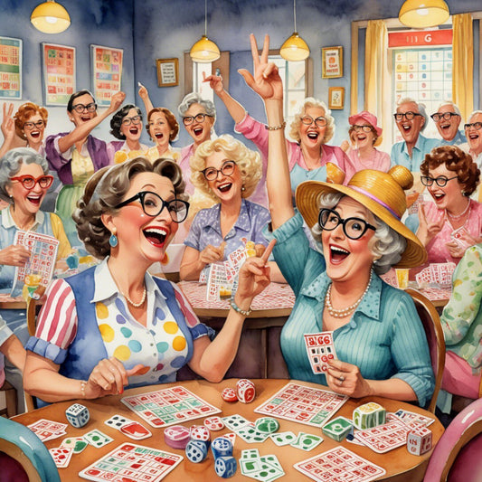 vintage bingo, retro game night, 1950s aesthetic, pastel colors, soft pink, pale blue, cream, golden yellow, coral pink, playful pattern, nostalgic design, mid-century modern, whimsical style, women gathering, bingo cards, dice, game theme, leisure activity, happy celebration, cheerful mood, fun and games, retro kitchen, vintage novelty, cozy gathering, social scene, colorful print, grandma core, cottagecore, retro entertainment, ladies game night