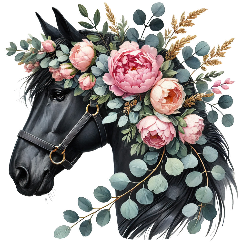 black horse, pink peonies, eucalyptus leaves, floral crown, watercolor style, boho aesthetic, fabric panel, quilting cotton, wheat stalks, sage green, coral pink, equestrian theme, botanical elements, romantic florals, bridle harness, flowing mane, artistic illustration, nature inspired, cottage core, whimsical design