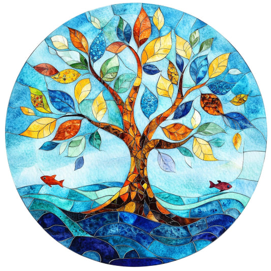 stained glass, tree of life, autumn leaves, sky blue, navy blue, golden yellow, orange, coral, forest green, water, fish, nature, whimsical, bohemian, modern, circular design, mandala, seasonal, fall, spring, summer, water waves, aquatic, leaves motif, branch design, peaceful, spiritual, round panel, home decor, wall hanging