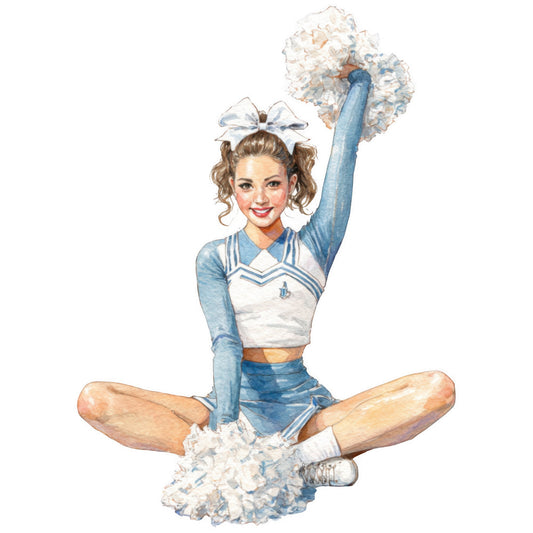 cheerleader, vintage, retro, 1950s style, blue and white, cream, sky blue, navy, patriotic, americana, girl, young woman, pom poms, enthusiastic, spirited, nostalgic, pin-up, illustration, whimsical, playful, cheerleading, sports, character panel, portrait, figure, feminine, classic, kitschy, novelty, decorative