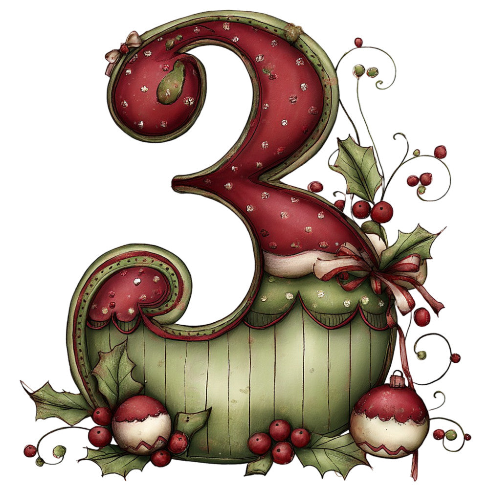 holiday, christmas, festive, winter, red, cream, forest green, sage green, burgundy, ornamental numbers, numbered design, berries, holly leaves, ornaments, baubles, decorative, vintage, whimsical, elegant, traditional, nature-inspired, botanical, festive number three, christmas number, holiday themed, ornate, detailed illustration, dimensional design, dimensional artwork