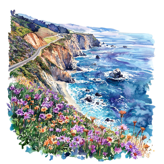 watercolor painting, coastal scenery, ocean waves, purple wildflowers, rocky cliffs, winding road, blue water, lavender blooms, seaside landscape, fabric panel, quilting cotton, pacific coast, floral foreground, scenic vista, turquoise sea, cliff face, botanical elements, seascape art, california coastline, nature scene