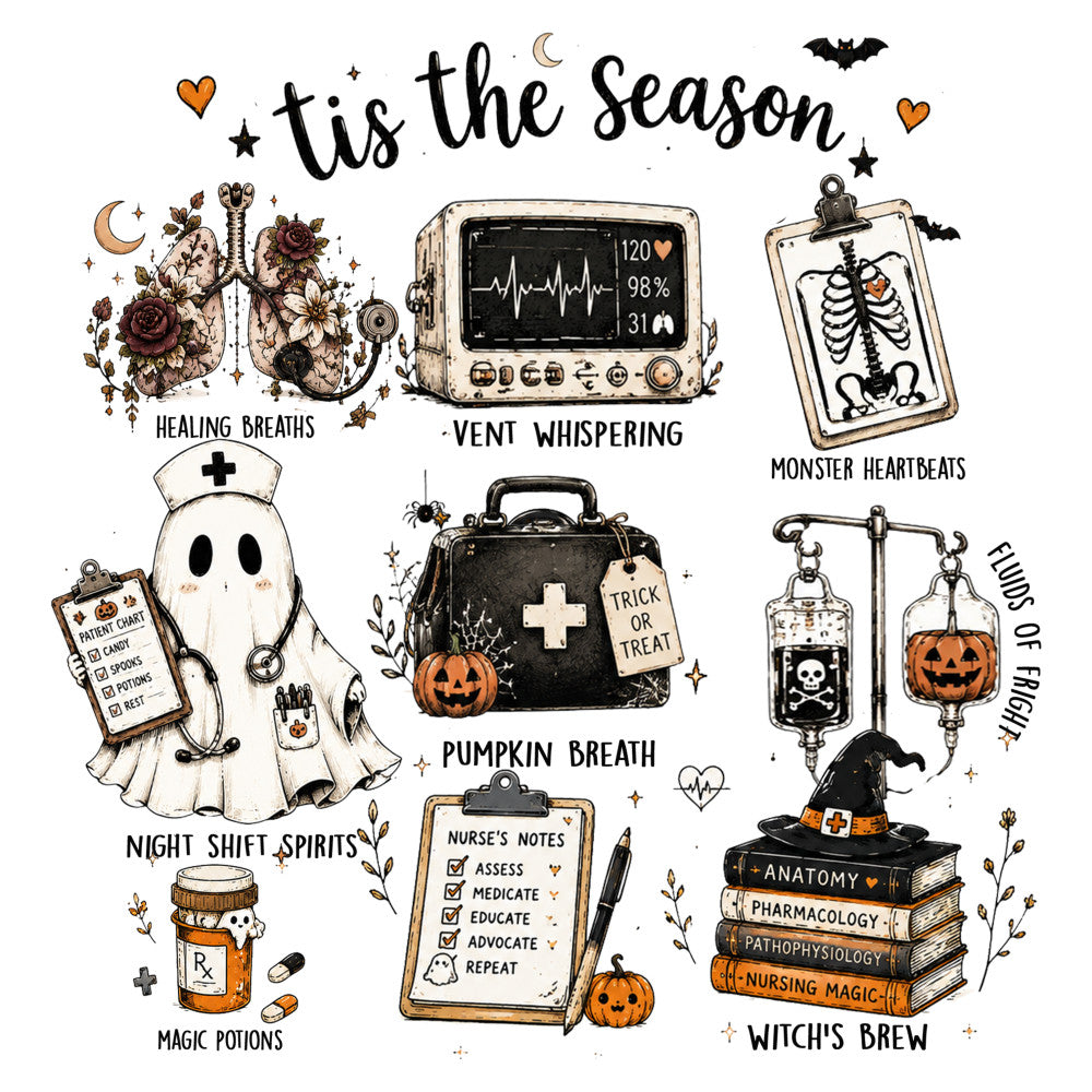 halloween, nursing, medical, autumn, fall, spooky, witchy, whimsical, vintage, dark academia, cream, black, orange, brown, gold, hearts, moons, stars, bats, pumpkins, skeletons, witch hat, stethoscope, anatomical lungs, books, potion bottles, ghost, healthcare worker, night shift, trick or treat