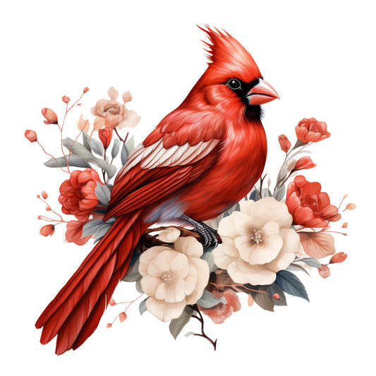 red cardinal, bird illustration, floral arrangement, cream flowers, coral blooms, gray leaves, botanical design, nature motif, fabric panel, quilting cotton, soft pastels, detailed artwork, spring theme, garden birds, decorative florals, wildlife design, peachy tones, delicate petals, branch perch, ornithology art