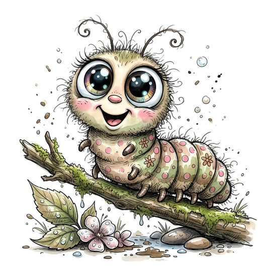 cute caterpillar, whimsical animals, woodland creatures, nature themed, spring colors, soft pastels, cream, sage green, dusty rose, pink accents, tan, brown, floral motifs, flowers, leaves, moss covered branch, dots and circles, polka dots, children's illustration, storybook style, playful design, charming, sweet, adorable, garden theme, insect, caterpillar with antennae, baby quilt, nursery, kid's fabric