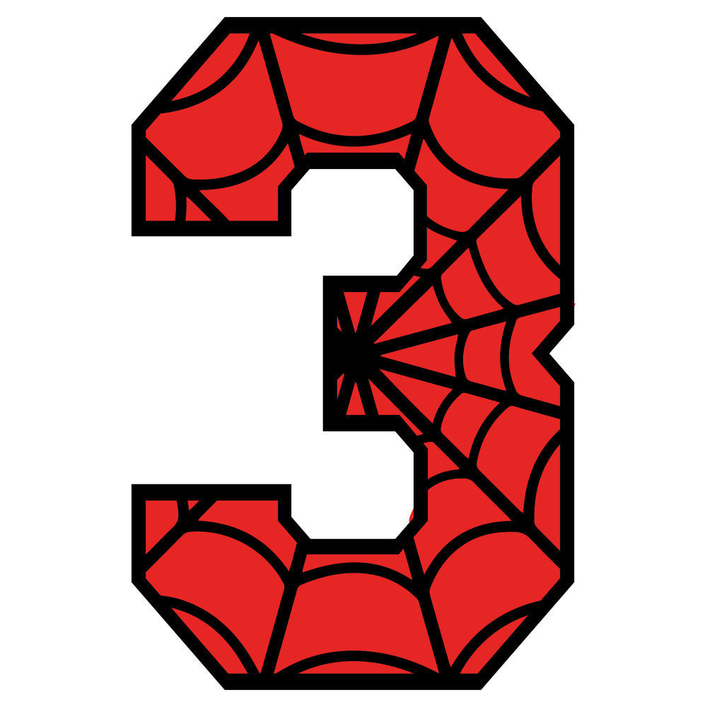 red, black, spider web, alphabet, number 3, superhero inspired, comic book style, fabric panel, quilting cotton, children's theme, bold colors, web pattern, geometric design, crafting material, sewing project, bright red, contrasting colors, playful design, educational fabric, novelty print
