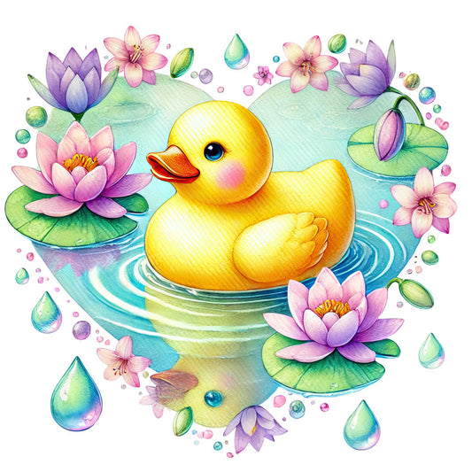 yellow duck, pink lotus, purple lotus, water lilies, turquoise water, pastel colors, soft pink, lavender purple, sage green, aqua blue, whimsical, cute animals, nature themed, floral, water droplets, lily pads, spring, baby quilt, children's fabric, nursery, charming, gentle, dreamy, botanical, pond life, decorative, sweet, playful, gentle waves