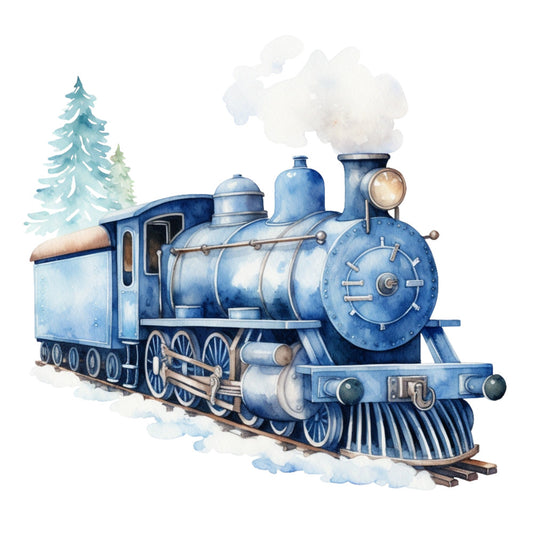 Blue Christmas Train Fabric Panel 5