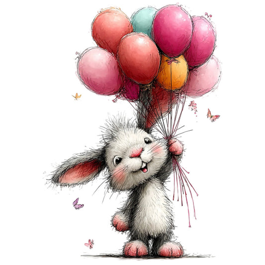 bunny, rabbit, whimsical, children's, baby, balloons, pink, coral pink, dusty rose, magenta, mint green, orange, yellow, animals, cute, playful, butterflies, spring, nursery, baby quilt, wall hanging, illustration style, watercolor, charming, joyful, gender neutral, kids fabric, cheerful, storybook