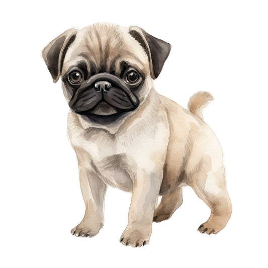 Watercolor Pug Fabric Panel 2 featuring a detailed, cute pug puppy illustration on premium quilting cotton.