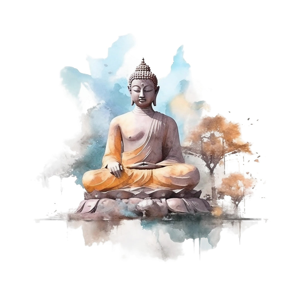 watercolor, buddha, meditation, spiritual, lotus position, aqua blue, orange, brown, gray, peaceful, zen, abstract splashes, sitting figure, enlightenment, fabric panel, cotton panel, quilting, serene, mindfulness, religious art, asian inspired, tranquil