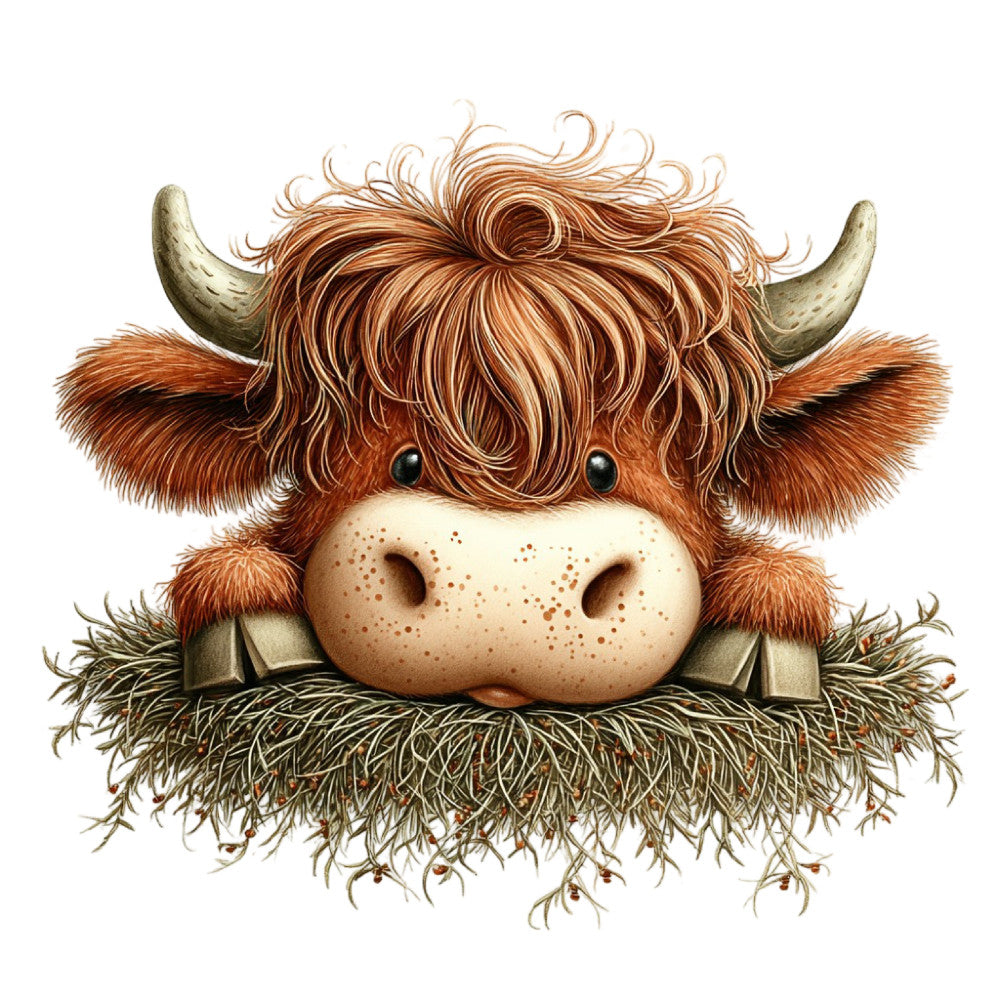 highland cattle, brown, cream, tan, rustic, farmhouse, whimsical, animals, livestock, cattle, horns, shaggy, hairy, folk art, naive art, cute animals, country, pastoral, farm animals, charming, cottage core, illustration style, novelty print, childlike, playful, nature inspired, adorable, decorative panel