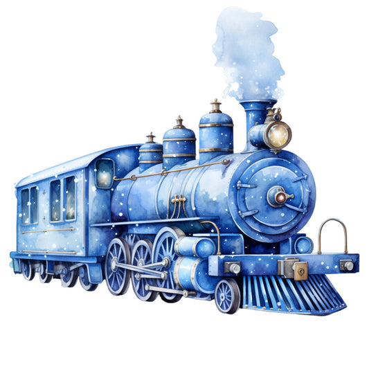 Blue Christmas Train Fabric Panel 2