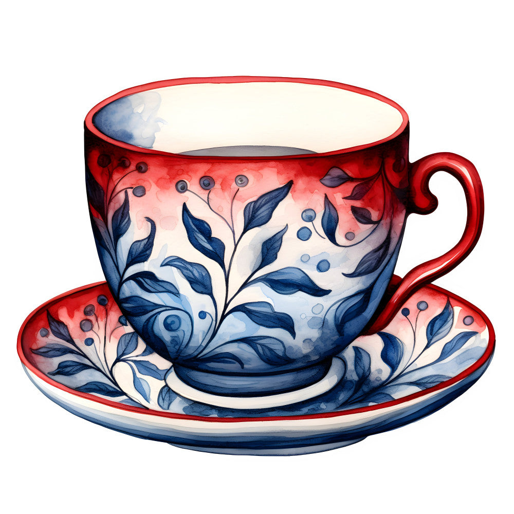 red and blue teacup, floral botanical, navy blue leaves, coral red, berries and branches, vintage teacup, english chinoiserie, delicate florals, traditional china pattern, elegant tableware, porcelain design, botanical print, blue and white, red rim, berry motifs, leaf pattern, spring florals, summer tea, cottage core, classic teacup design, hand-painted style, ornamental, decorative teaware, blue foliage, cream background, heirloom style, timeless pattern, tea time theme