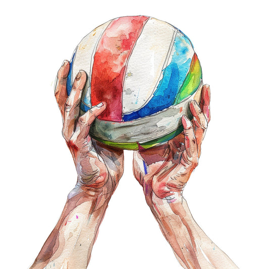 volleyball, sports, athletic, hands, colorful ball, red and white stripes, blue, green, yellow, rainbow, watercolor, illustration, realistic, sports themed, team spirit, athletic equipment, victory, championship, youth sports, recreational sports, modern illustration, contemporary art, inspirational, motivational, sports fan, game day, active lifestyle, summer sports