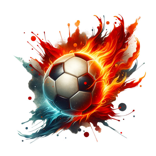 soccer ball, watercolor style, red flames, orange fire, yellow highlights, blue splashes, teal accents, black pentagons, white hexagons, dynamic motion, sports theme, artistic splatter, fabric panel, quilting cotton, energetic design, flame effects, water splashes, athletic motif, vibrant colors, modern art style